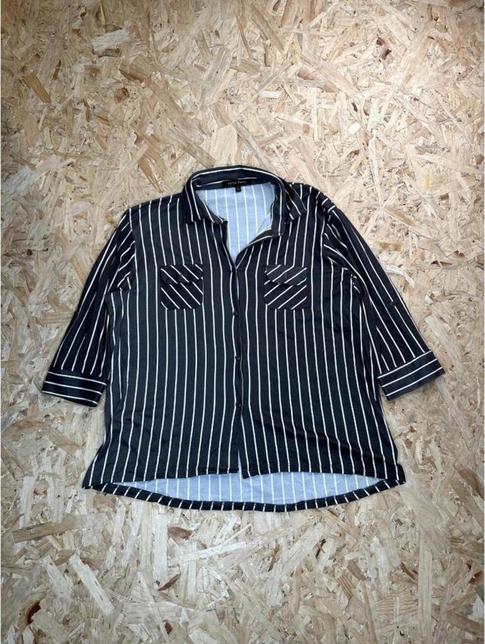 Lynn Ryan Striped Blouse Womens Large Black White 3/4 Sleeve Button Up Shirt